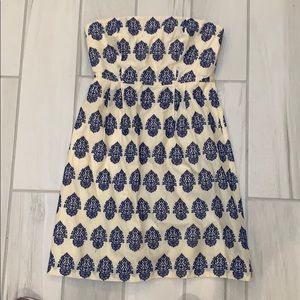 Ivory and blue medallion strapless dress